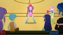 Size: 1920x1080 | Tagged: safe, screencap, blueberry cake, flash sentry, fluttershy, pinkie pie, human, equestria girls, g4, my little pony equestria girls: summertime shorts, steps of pep, boots, clothes, collar, megaphone, shirt, shoes, socks, teenager, wondercolts uniform