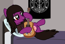 Size: 1643x1127 | Tagged: safe, artist:lightningbolt, derpibooru exclusive, pegasus, pony, g4, .svg available, acoustic guitar, bed, clothes, crossed legs, folded wings, guitar, hoof hold, indoors, lidded eyes, lying down, male, musical instrument, nose piercing, on back, pierce the veil, piercing, ponified, shirt, show accurate, solo, stallion, svg, t-shirt, vector, vic fuentes, wings