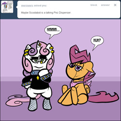 Size: 1280x1280 | Tagged: safe, artist:pembroke, scootaloo, pony, robot, unicorn, g4, ask, female, filly, foal, meanie belle, scootabot, sitting, tumblr