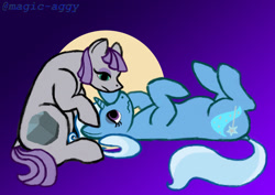 Size: 1280x905 | Tagged: safe, artist:magic-aggy, maud pie, trixie, earth pony, pony, unicorn, g4, dock, female, gradient background, lesbian, looking at each other, looking at someone, lying down, on back, ship:mauxie, shipping, tail, wavy mouth