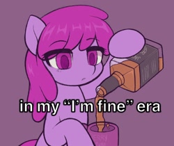Size: 1826x1533 | Tagged: safe, artist:moozua, berry punch, berryshine, earth pony, pony, g4, alcohol, cup, drink, female, jack daniels, mare, ponified, purple background, simple background, solo, text