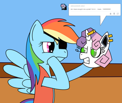 Size: 1267x1064 | Tagged: safe, artist:toonboy92484, rainbow dash, pegasus, pony, robot, robot pony, g4, ask, disembodied head, duo, eyepatch, meanie belle, pirate dash, tumblr