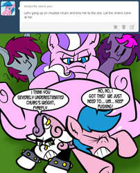 Size: 1280x1582 | Tagged: safe, artist:pembroke, diamond tiara, firefly, pony, unicorn, g1, g4, ask, chubby diamond, fat, female, filly, foal, meanie belle, sitting on person, sitting on pony, tumblr