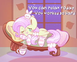 Size: 1602x1302 | Tagged: safe, artist:typhwosion, angel bunny, fluttershy, pegasus, pony, rabbit, g4, animal, clothes, cup, cute, female, mare, night, one eye closed, pillow, positive ponies, shyabetes, socks, striped socks, talking to viewer, teacup, text, window