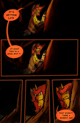 Size: 2650x4075 | Tagged: safe, artist:gothicgalaxies, artist:sile-animus, oc, oc:sile, pony, unicorn, comic:the ghost mare-nsion in the woods, camping, comic, dark, dialogue, forest, horn, lantern, night, speech bubble, unicorn oc