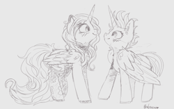 Size: 1280x802 | Tagged: safe, artist:umbreow, oc, oc:exquisite star, alicorn, pony, blushing, clothes, duo, female, folded wings, looking at each other, looking at someone, mare, monochrome, sketch, smiling, smiling at each other, socks, wings
