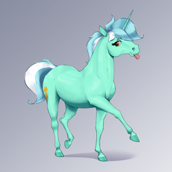 Size: 2570x2570 | Tagged: safe, artist:aquaticvibes, lyra heartstrings, pony, unicorn, g4, :p, female, gradient background, gray background, high res, hoers, mare, solo, tongue out