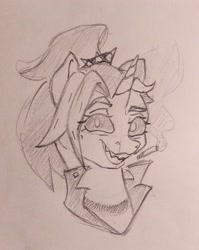 Size: 2453x3077 | Tagged: safe, artist:chacarron, oc, oc only, oc:dyx, alicorn, pony, alicorn oc, bust, choker, cigarette, eyebrows, female, grin, high res, horn, looking at you, monochrome, raised eyebrow, sketch, smiling, smoking, wings
