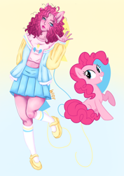 Size: 1240x1754 | Tagged: safe, artist:wh10frtn, pinkie pie, earth pony, human, pony, equestria girls, g4, clothes, cutie mark background, duo, eared humanization, eyelashes, female, gradient background, grin, humanized, mare, raised hoof, skirt, smiling, waving