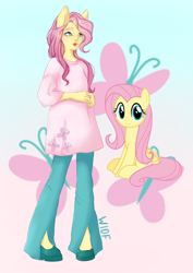 Size: 1240x1754 | Tagged: safe, artist:wh10frtn, fluttershy, human, pegasus, pony, g4, clothes, cutie mark background, eared humanization, female, gradient background, humanized, mare, pants, skirt