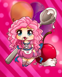 Size: 1280x1600 | Tagged: safe, artist:ghostfox1316, pinkie pie, human, g4, :d, abstract background, clothes, deviantart watermark, dress, female, humanized, micro, obtrusive watermark, open mouth, open smile, smiling, solo, spoon, watermark