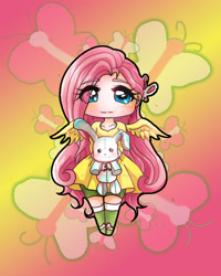 Size: 1280x1600 | Tagged: safe, artist:ghostfox1316, fluttershy, butterfly, human, g4, abstract background, clothes, deviantart watermark, dress, eye clipping through hair, eyelashes, female, humanized, obtrusive watermark, plushie, solo, watermark, winged humanization, wings