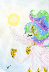 Size: 2358x3456 | Tagged: safe, artist:trancepony, princess celestia, alicorn, pony, g4, female, high res, lidded eyes, mare, raised hoof, signature, smiling, solo, summer solstice, sun, traditional art