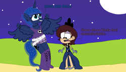 Size: 2277x1299 | Tagged: safe, artist:haileykitty69, princess luna, alicorn, human, semi-anthro, g4, clothes swap, luna loud, namesake, pun, the loud house, visual pun