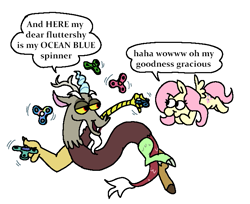 Size: 693x566 | Tagged: safe, artist:punkittdev, discord, fluttershy, draconequus, pegasus, pony, g4, commission, cute, dialogue, dork, duo, female, fidget spinner, flying, male, mare, simple background, speech bubble, white background