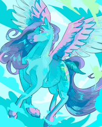Size: 1280x1582 | Tagged: safe, artist:poniesart, windwalker, pegasus, pony, g1, cloud, cloudy, colored eyebrows, colored hooves, colored muzzle, colored wings, facial markings, female, flying, gradient legs, gradient wings, huevember, limited palette, looking at you, mare, solo, spread wings, tail, windswept mane, windswept tail, wings
