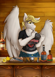 Size: 2480x3500 | Tagged: safe, artist:jamescorck, derpy hooves, pegasus, anthro, g4, alcohol, bar, breasts, busty derpy hooves, cleavage, commission, drink, female, food, high res, knife, lemon, mare, smiling