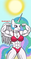 Size: 600x1144 | Tagged: safe, artist:dinoknight12, princess celestia, alicorn, anthro, g4, abs, beach, biceps, bikini, bodybuilder, breasts, buff breasts, busty princess celestia, clothes, female, flexing, grin, looking at you, mare, muscles, muscular female, pecs, pose, praise the sun, princess musclestia, red bikini, red swimsuit, signature, smiling, solo, sun, swimsuit, thighs, thunder thighs