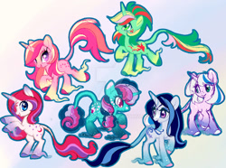 Size: 1024x760 | Tagged: safe, artist:sakuyamon, fizzy, galaxy (g1), glory, mimic (g1), moondancer (g1), twilight, mimic, pony, unicorn, g1, alternate cutie mark, alternate design, blue eyes, blue hair, coat markings, colored hooves, deviantart watermark, facial markings, freckles, galaxy, green eyes, leonine tail, multicolored hair, obtrusive watermark, pink eyes, purple eyes, redesign, socks (coat markings), sparkly fetlocks, tail, unshorn fetlocks, watermark, white hair