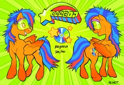 Size: 680x468 | Tagged: safe, artist:asimot2000, oc, oc:beebop, pegasus, pony, blue hair, cd, female, green background, mare, orange eyes, patterned background, reference sheet, signature, simple background, smiling, turnaround, visor