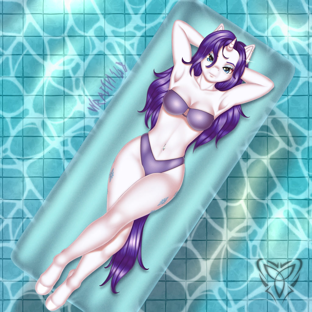 [anthro,armpits,belly button,bikini,breasts,clothes,female,floating,high res,looking at you,on back,overhead view,piercing,rarity,safe,solo,swimming pool,swimsuit,unicorn,lying down,crossed legs,looking up,sunbathing,smiling,unguligrade anthro,smiling at you,busty rarity,arm behind head,belly piercing,looking up at you,artist:wraith148]