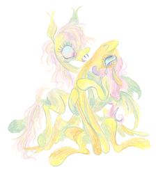 Size: 1360x1496 | Tagged: safe, artist:peaceandlove26, fluttershy, bat pony, pegasus, pony, g4, bat ponified, crying, duo, flutterbat, lyrics in the description, race swap, self paradox, self ponidox, simple background, traditional art, white background