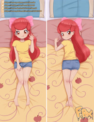 Size: 2480x3189 | Tagged: safe, artist:focusb, apple bloom, human, g4, ass, barefoot, bed, bloom butt, body pillow, body pillow design, butt, child, clothes, dakimakura cover, denim, denim shorts, derail in the comments, feet, female, high res, humanized, looking at you, lying down, minor, on back, on bed, pillow, prone, shirt, shorts, solo, t-shirt, teasing, text, tongue out, underage