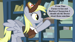 Size: 1280x720 | Tagged: safe, edit, edited screencap, editor:korora, screencap, derpy hooves, pegasus, pony, g4, the break up breakdown, cute, derpabetes, doctor who, hat, implied doctor whooves, mail, mailmare hat, mailmare uniform, package, post office, thought bubble