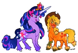 Size: 680x461 | Tagged: safe, artist:asimot2000, applejack, twilight sparkle, earth pony, pony, unicorn, g4, alternate cutie mark, alternate design, applejack's hat, big crown thingy, blaze (coat marking), bow, coat markings, colored hooves, colored pinnae, cowboy hat, element of magic, facial markings, hat, jewelry, redesign, regalia, simple background, unshorn fetlocks, white background