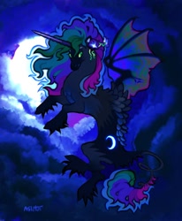 Size: 740x900 | Tagged: safe, artist:asimot2000, princess luna, alicorn, chinese dragon, dragon, pony, g4, alternate design, bat wings, flower, flower in hair, flying, green eyes, leonine tail, moon, multicolored hair, redesign, sky background, tail, unshorn fetlocks, wings