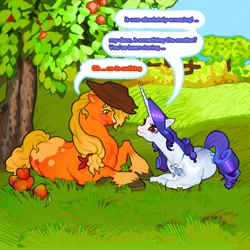 Size: 2000x2000 | Tagged: safe, artist:asimot2000, applejack, rarity, earth pony, pony, unicorn, g4, alternate design, apple, applejack's hat, blaze (coat marking), body markings, coat markings, colored hooves, cowboy hat, dialogue, facial markings, female, food, hat, high res, jewelry, lesbian, looking at each other, looking at someone, lying down, necklace, purple hair, redesign, ship:rarijack, shipping, tree, unshorn fetlocks, yellow hair