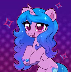 Size: 3839x3868 | Tagged: safe, artist:confetticakez, izzy moonbow, pony, unicorn, g5, blushing, bracelet, cute, female, friendship bracelet, gradient background, happy, high res, horn, izzybetes, jewelry, looking at you, mare, open mouth, open smile, pumkinroll is trying to murder us, sitting up, smiling, smiling at you, solo, unshorn fetlocks
