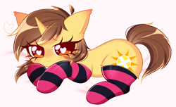 Size: 1404x856 | Tagged: safe, alternate character, alternate version, artist:arwencuack, oc, oc only, pony, unicorn, clothes, commission, heart, heart eyes, pink background, simple background, socks, solo, stockings, striped socks, thigh highs, wingding eyes, ych result