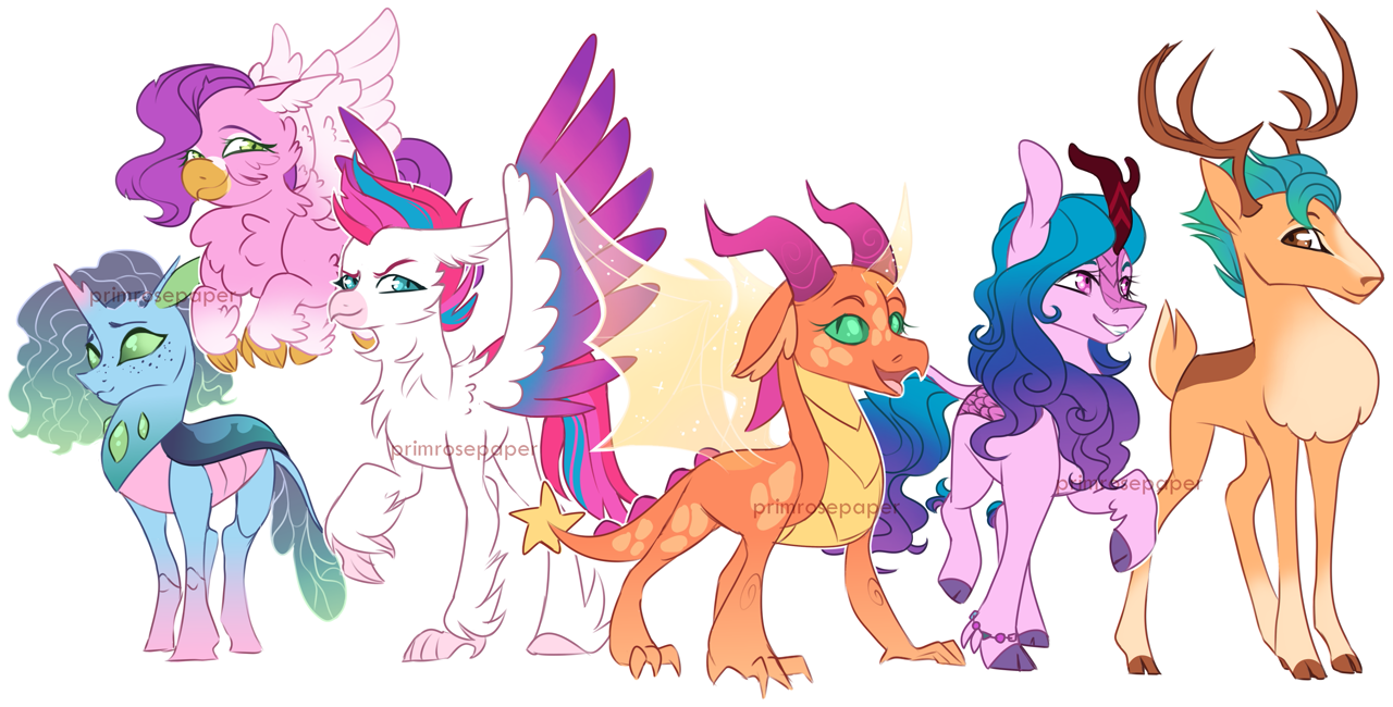[artificial wings,augmented,buck,changeling,cloven hooves,deer,dragon,dragonified,eyebrows,female,g5,grin,group,high res,hippogriff,horn,kirin,looking at you,magic,magic wings,male,open mouth,safe,signature,simple background,smirk,species swap,white background,wings,artificial horn,dragoness,deerified,gradient wings,mane five,smiling,colored wings,spread wings,smiling at you,changedling,raised claw,open smile,wingless dragon,changedlingified,hippogriffied,classical hippogriff,mane six (g5),magic horn,sextet,kirin-ified,chonk,artist:primrosepaper,sunny starscout,izzy moonbow,hitch trailblazer,zipp storm,pipp petals,misty brightdawn,zipp is skinny]