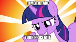 Size: 888x499 | Tagged: safe, edit, edited screencap, screencap, twilight sparkle, pony, unicorn, a bird in the hoof, g4, my little pony: friendship is magic, caption, engrish, female, image macro, mare, pill, solo, text