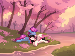 Size: 2548x1911 | Tagged: safe, artist:skysorbett, oc, oc only, oc:lunylin, oc:nohra, earth pony, pegasus, pony, cherry blossoms, collar, colored belly, colored eartips, colored hooves, colored wings, cute, duo, duo female, earth pony oc, eyes closed, female, flower, flower blossom, high res, lying down, mare, outdoors, pegasus oc, reverse countershading, smiling, tree, two toned wings, water, wings