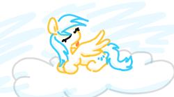 Size: 550x305 | Tagged: safe, artist:algoatall, sunshower raindrops, pegasus, pony, g4, cloud, female, gartic phone, grooming, lying down, lying on a cloud, mare, on a cloud, preening, simple background, sky, solo, white background, wings