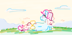 Size: 716x350 | Tagged: safe, artist:algoatall, sweet stuff, earth pony, pony, g1, both cutie marks, cloud, female, gartic phone, grass, lying down, mare, mountain, smiling, solo, sunset