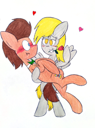 Size: 2634x3516 | Tagged: safe, artist:thunderrainbowshadow, derpy hooves, doctor whooves, time turner, earth pony, pegasus, pony, g4, blushing, bridal carry, carrying, duo, duo male and female, female, flower, high res, male, mare, rose, ship:doctorderpy, shipping, simple background, stallion, straight, tango, traditional art, white background
