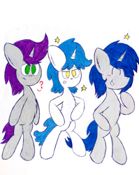 Size: 2718x3414 | Tagged: safe, artist:thunderrainbowshadow, written script, oc, oc:misty hope, oc:silver bell, pony, unicorn, g4, bipedal, eyes closed, female, high res, male, mare, simple background, stallion, traditional art, trio, white background