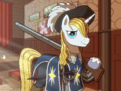 Size: 640x480 | Tagged: safe, artist:rangelost, prince blueblood, pony, unicorn, g4, hat, male, musket, signature, smiling, solo, stallion, sword, weapon
