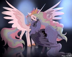 Size: 2048x1620 | Tagged: safe, artist:petaltwinkle, princess celestia, princess luna, alicorn, earth pony, pony, friendship is magic, g4, crying, duo, eyes closed, female, mare, royal sisters, s1 luna, siblings, signature, sisters, smiling, spread wings, tears of joy, wings