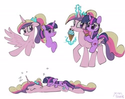 Size: 2048x1620 | Tagged: safe, artist:petaltwinkle, princess cadance, twilight sparkle, alicorn, pony, unicorn, g4, cute, cutedance, duo, eating, eyes closed, female, filly, filly cadance, filly twilight sparkle, floppy ears, foalsitter, food, glowing, glowing horn, horn, ice cream, ice cream cone, levitation, licking, lying down, magic, onomatopoeia, signature, simple background, sleeping, sound effects, teen princess cadance, telekinesis, tongue out, twiabetes, unicorn twilight, white background, younger, zzz