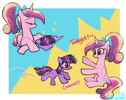 Size: 2048x1620 | Tagged: safe, artist:petaltwinkle, princess cadance, twilight sparkle, alicorn, pony, unicorn, g4, border, cute, cutedance, dialogue, duo, eyes closed, female, filly, filly twilight sparkle, floppy ears, foalsitter, lying down, onomatopoeia, passepartout, prone, signature, sleeping, sound effects, teen princess cadance, twiabetes, unicorn twilight, wing blanket, winghug, wings, younger, zzz