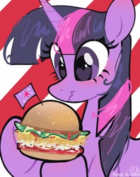 Size: 1620x2048 | Tagged: safe, artist:petaltwinkle, twilight sparkle, alicorn, pony, g4, burger, bust, female, flag, food, hay burger, heart, heart eyes, hoof hold, looking at something, mare, signature, smiling, solo, that pony sure does love burgers, twilight burgkle, twilight sparkle (alicorn), wavy mouth, wingding eyes