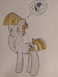 Size: 4000x3000 | Tagged: safe, artist:thunderrainbowshadow, maud pie, mudbriar, earth pony, pony, g4, blushing, crush, emoji, female, male, mare, ship:maudbriar, shipping, simple background, smiling, stallion, straight, thought bubble, traditional art, when he smiles, white background
