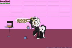 Size: 3000x2000 | Tagged: safe, artist:bestponies, oc, oc only, oc:diamond horseshoe, pony, unicorn, clothes, coffee, coffee machine, coffee mug, dialogue, female, high res, horn, ko-fi, magic, mare, mug, palindrome get, telekinesis, unicorn oc