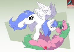 Size: 1100x778 | Tagged: safe, artist:arctic-fox, oc, oc only, oc:pine berry, oc:snow pup, earth pony, pegasus, pony, blushing, ear fluff, nose to nose