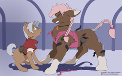 Size: 1280x805 | Tagged: safe, artist:thedigodragon, oc, oc only, oc:doc wagon, oc:nemesis, earth pony, pony, clothes, duo, eyes closed, gritted teeth, growth, ripping clothes, teeth, transformation