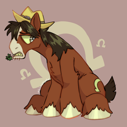 Size: 1792x1792 | Tagged: safe, artist:silverycryptid, trouble shoes, earth pony, pony, g4, annoyed, beard, black mane, brown background, brown coat, chest fluff, clover, cutie mark background, facial hair, facial markings, four leaf clover, green eyes, gritted teeth, hat, hoof fluff, horseshoes, looking down, looking sideways, male, messy mane, profile, sad eyes, short tail, simple background, sitting, solo, stallion, stubble, tail, teeth, unshorn fetlocks